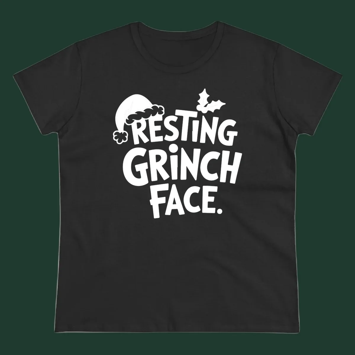 Resting Grinch Face text with Santa hat and holly sprig