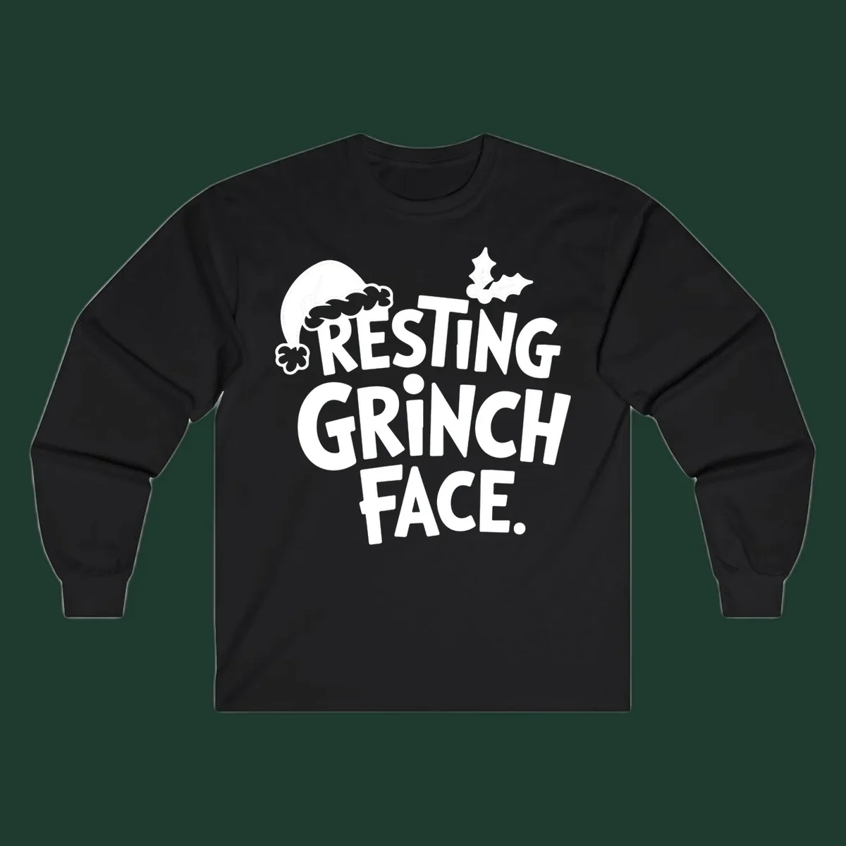 Resting Grinch Face text with Santa hat and holly sprig