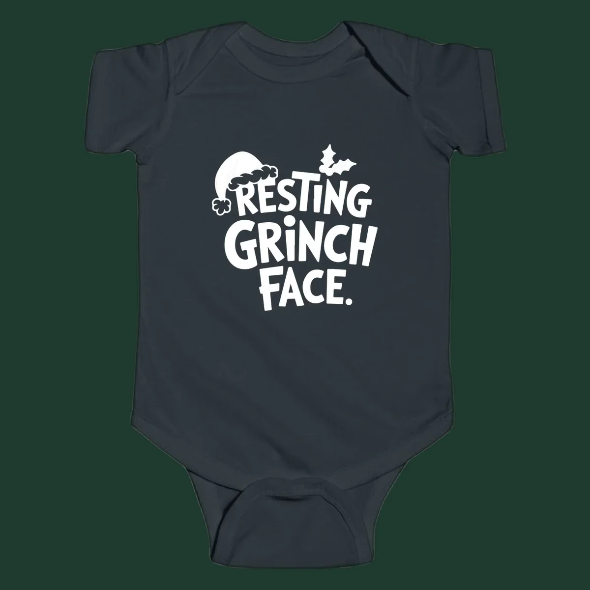 Resting Grinch Face text with Santa hat and holly sprig