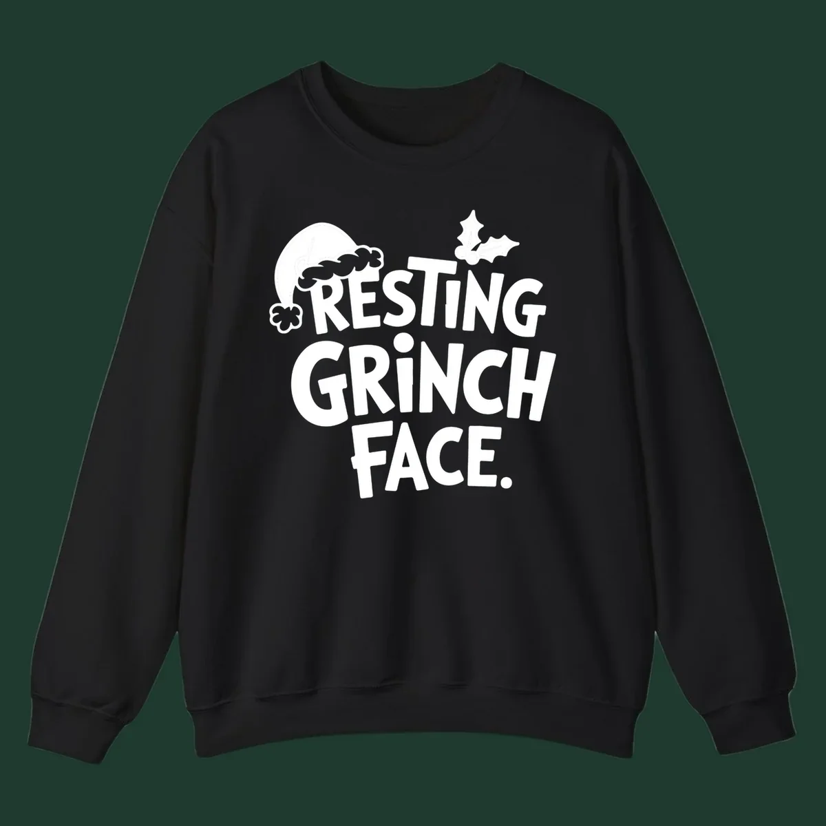 Resting Grinch Face text with Santa hat and holly sprig