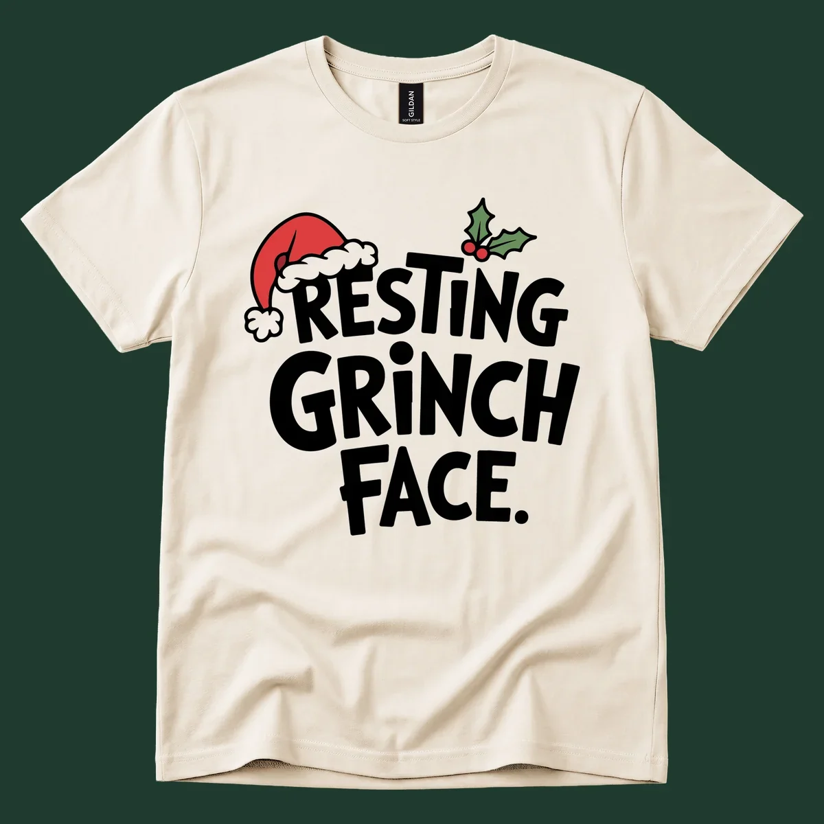 Resting Grinch Face text with Santa hat and holly sprig