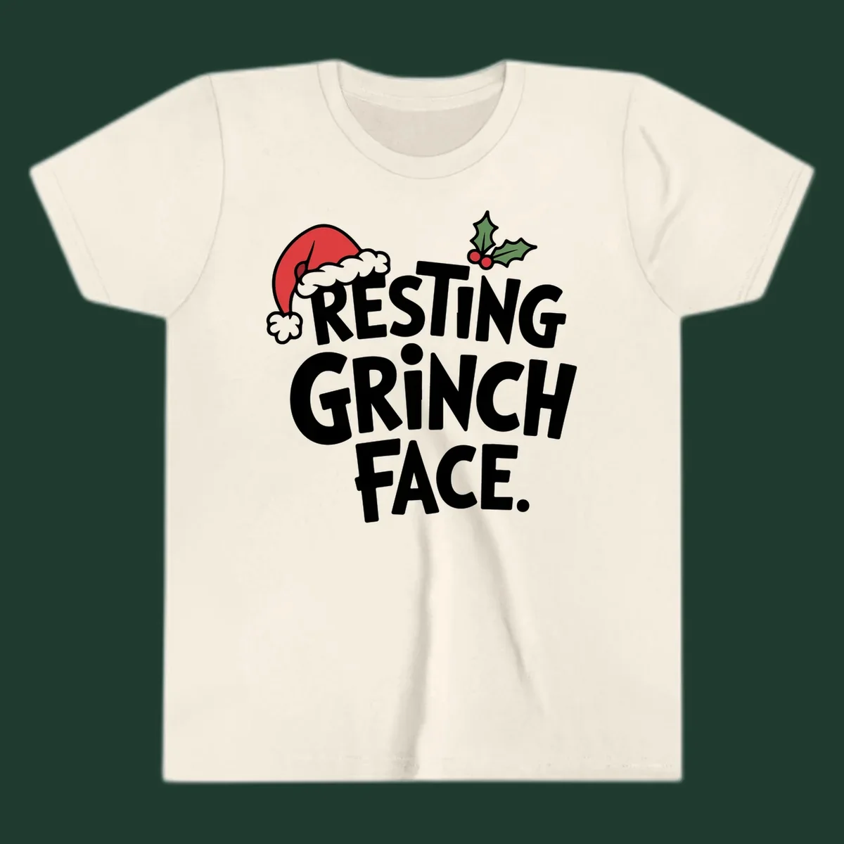 Resting Grinch Face text with Santa hat and holly sprig