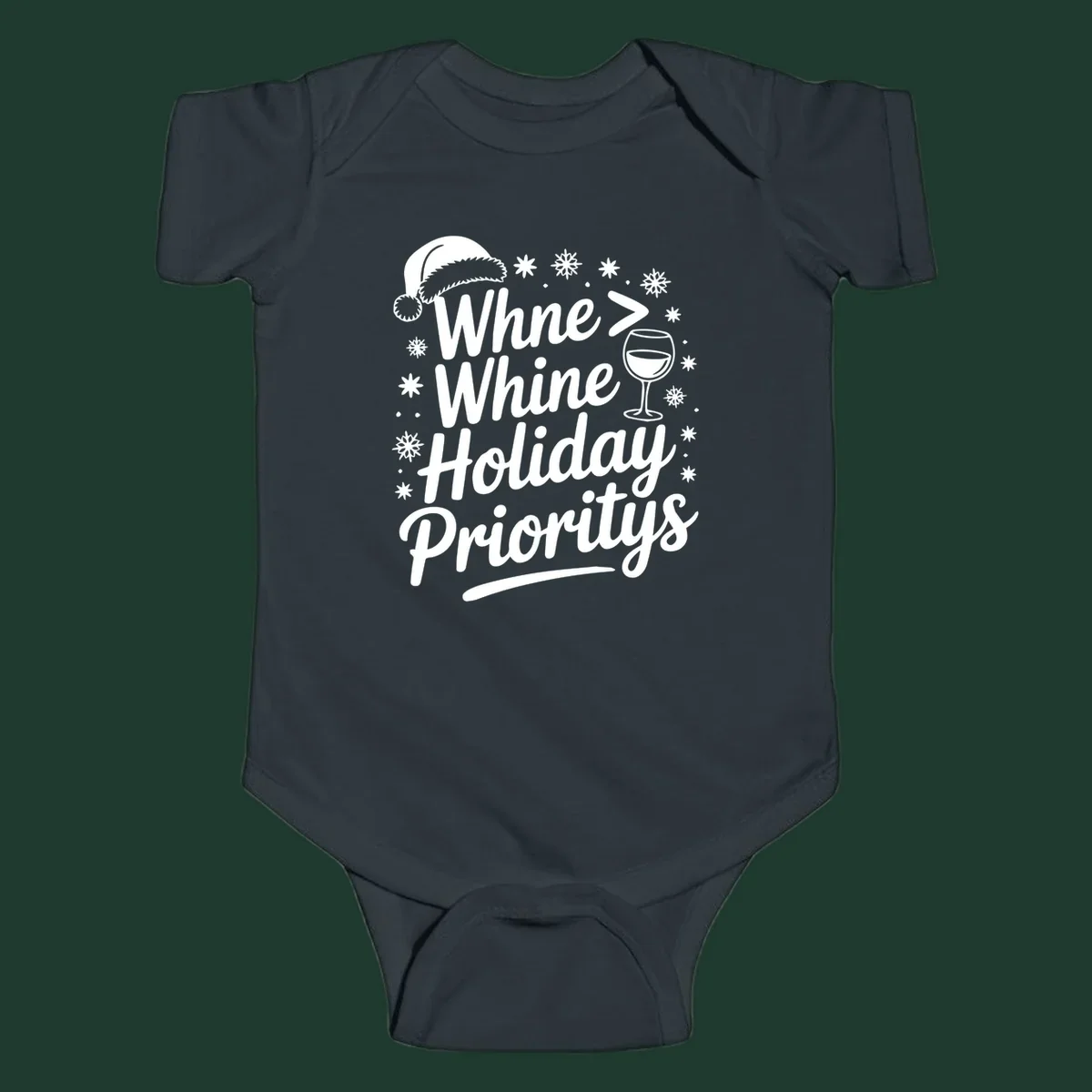Wine Over Whine Holiday Priorities text with Santa hat, wine glass, and snowflakes.