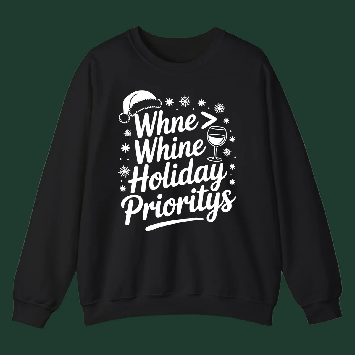 Wine Over Whine Holiday Priorities text with Santa hat, wine glass, and snowflakes.