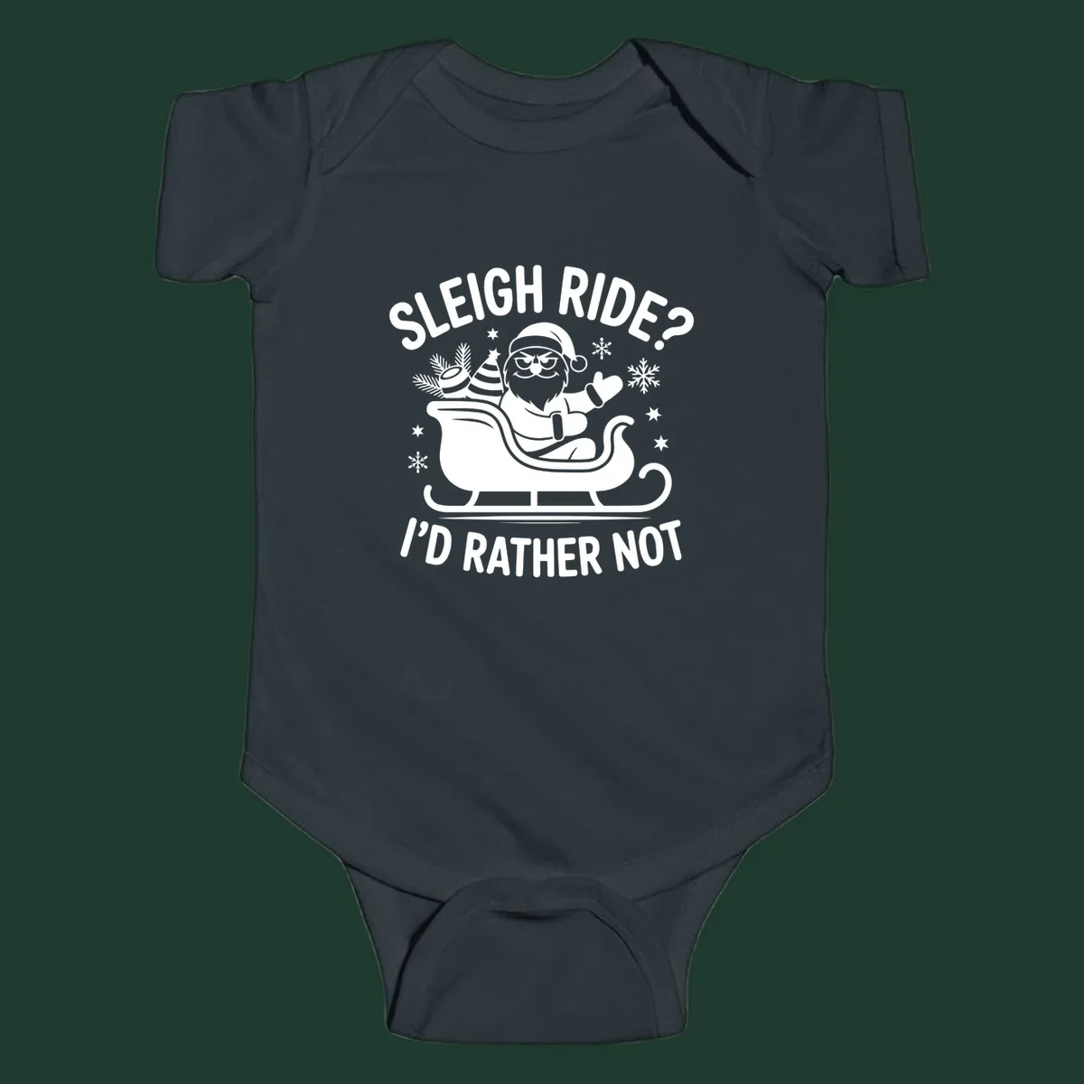 Illustration of Santa Claus in a sleigh with the text 'Sleigh Ride? I'd Rather Not', depicting a santa-sleigh-refusal.