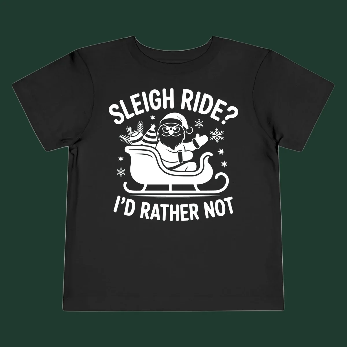 Illustration of Santa Claus in a sleigh with the text 'Sleigh Ride? I'd Rather Not', depicting a santa-sleigh-refusal.