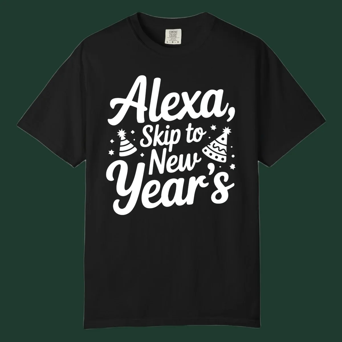 Alexa Skip To New Year's text with party hats and stars graphic.