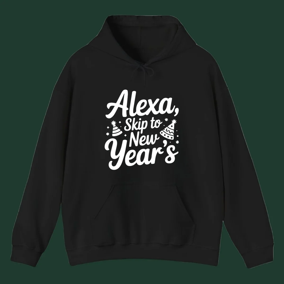 Alexa Skip To New Year's text with party hats and stars graphic.