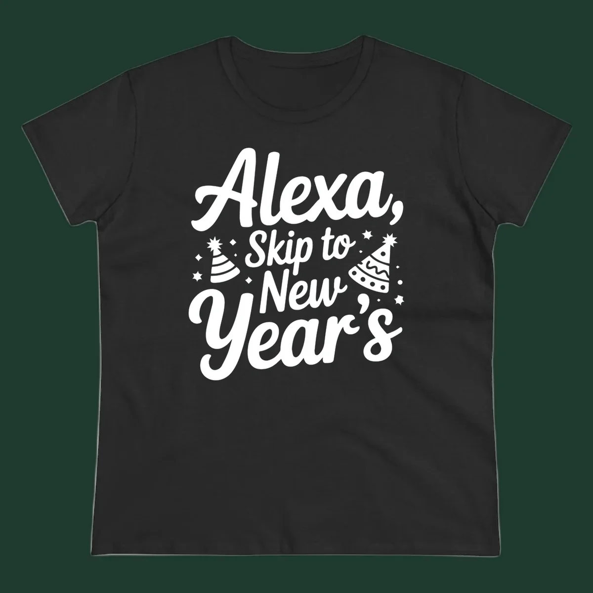 Alexa Skip To New Year's text with party hats and stars graphic.