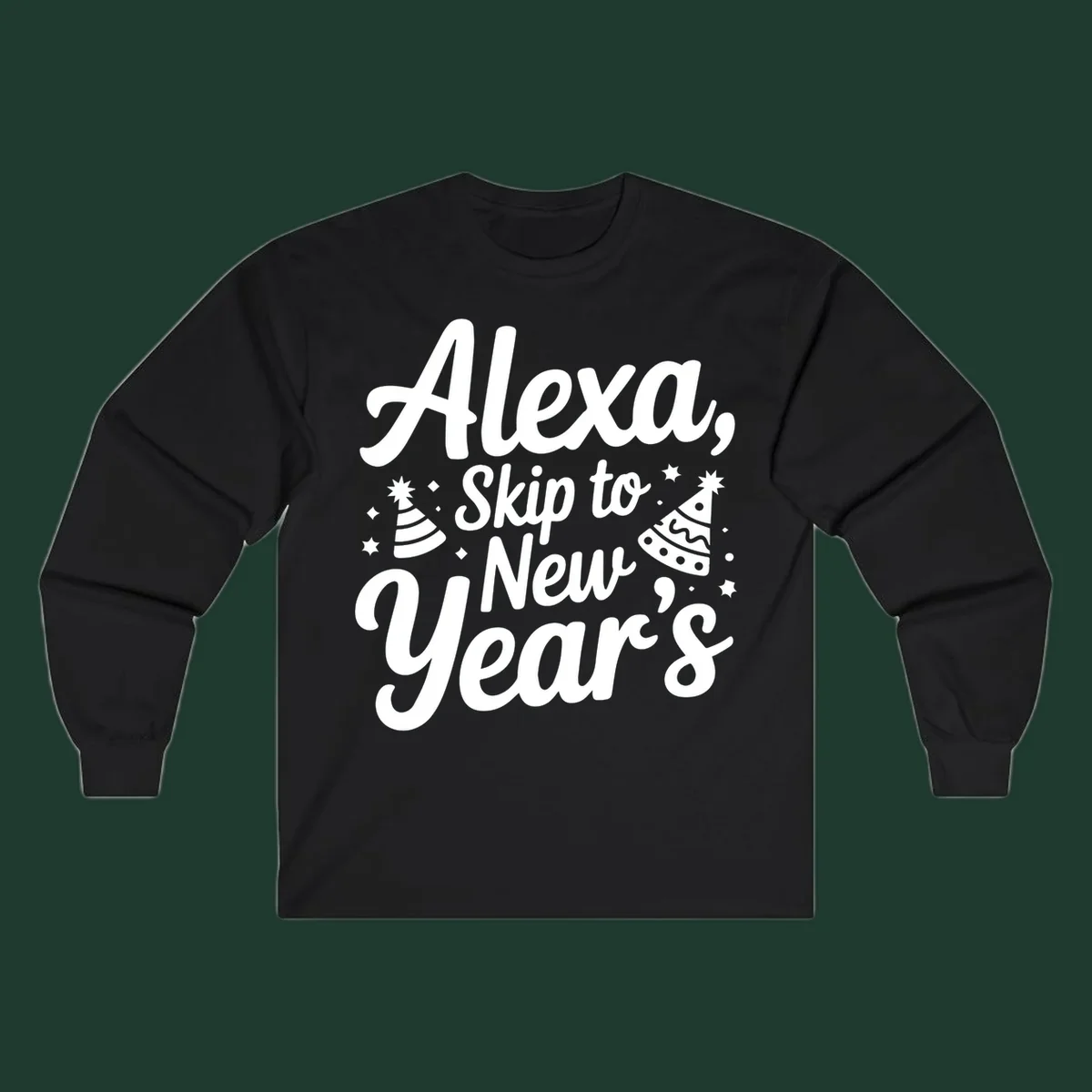 Alexa Skip To New Year's text with party hats and stars graphic.