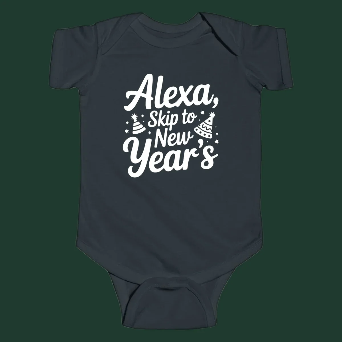 Alexa Skip To New Year's text with party hats and stars graphic.