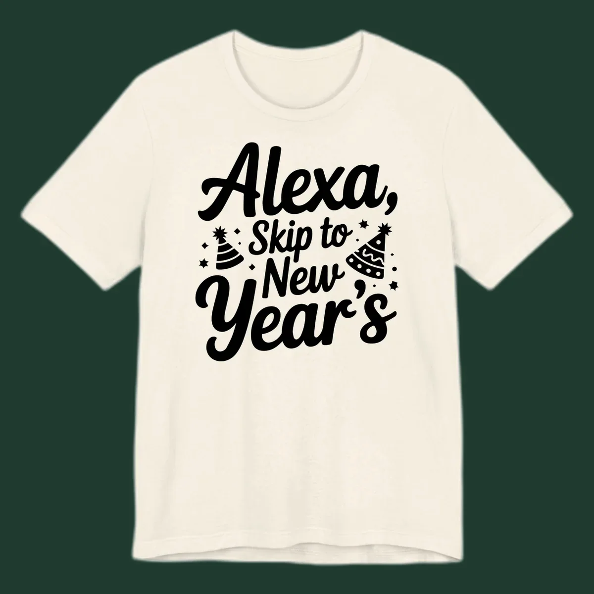 Alexa Skip To New Year's text with party hats and stars graphic.