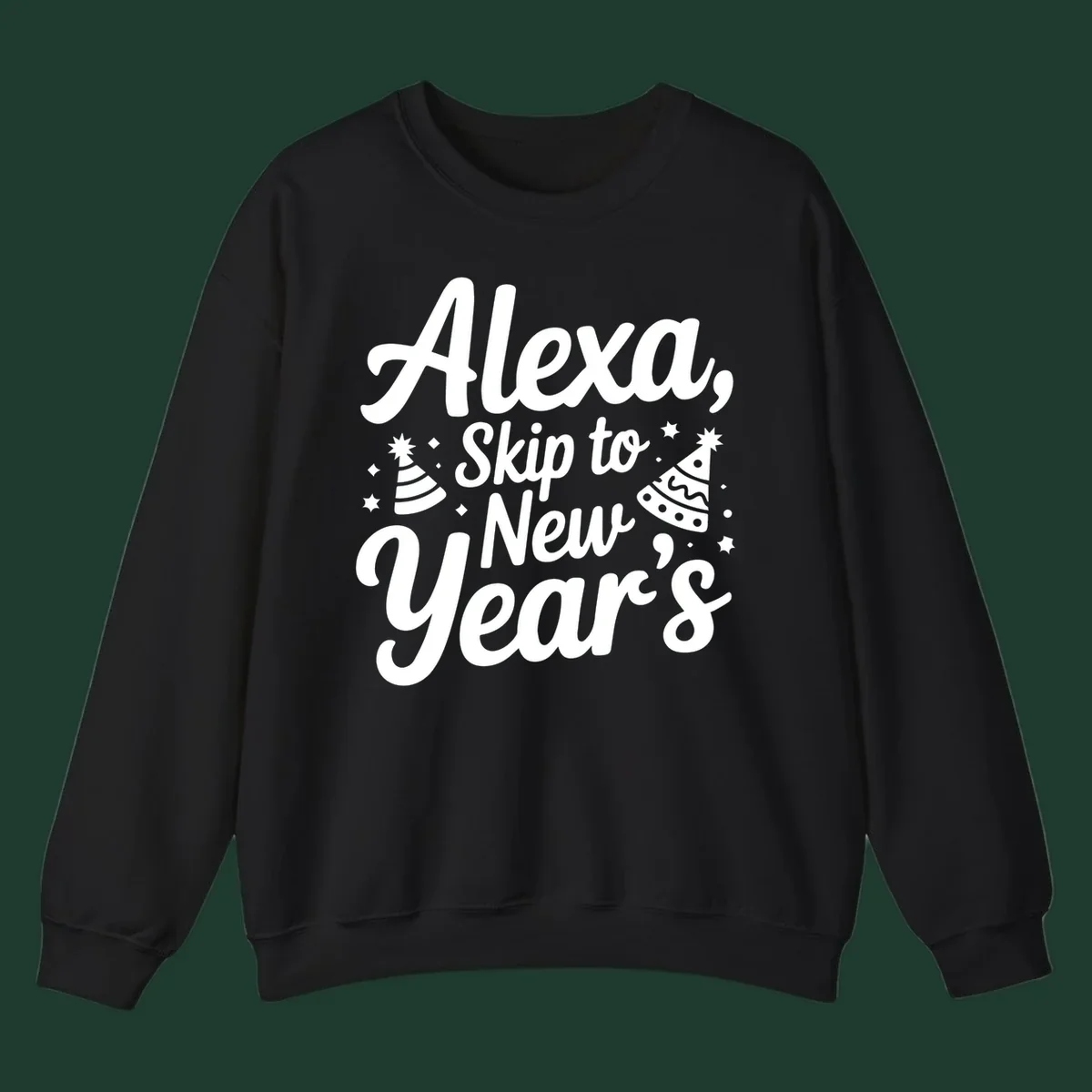 Alexa Skip To New Year's text with party hats and stars graphic.