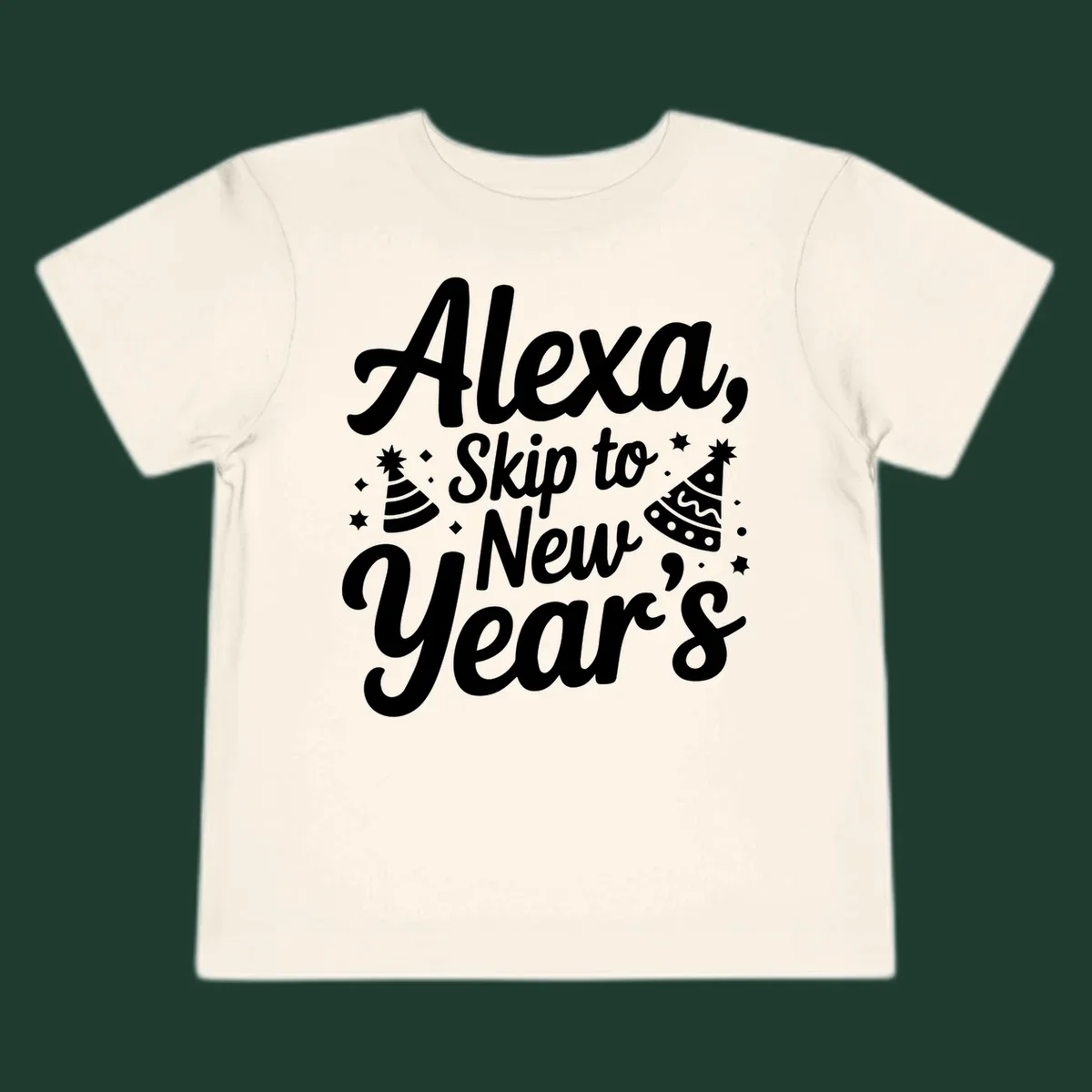 Alexa Skip To New Year's text with party hats and stars graphic.