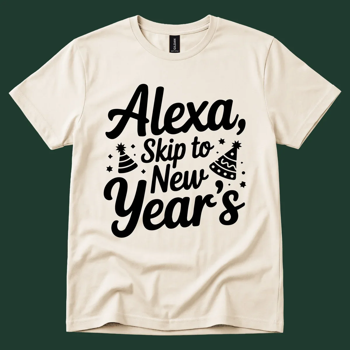 Alexa Skip To New Year's text with party hats and stars graphic.