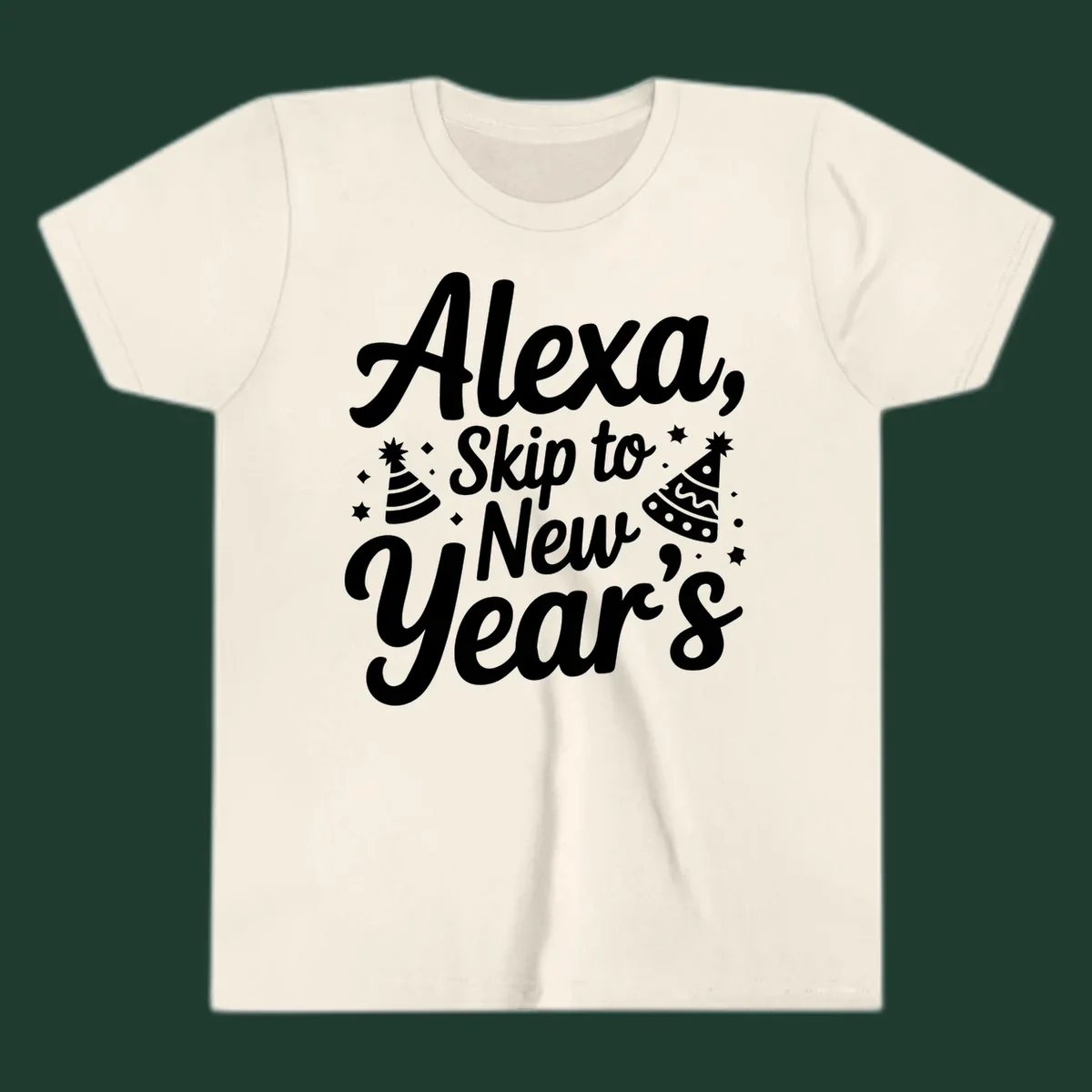 Alexa Skip To New Year's text with party hats and stars graphic.