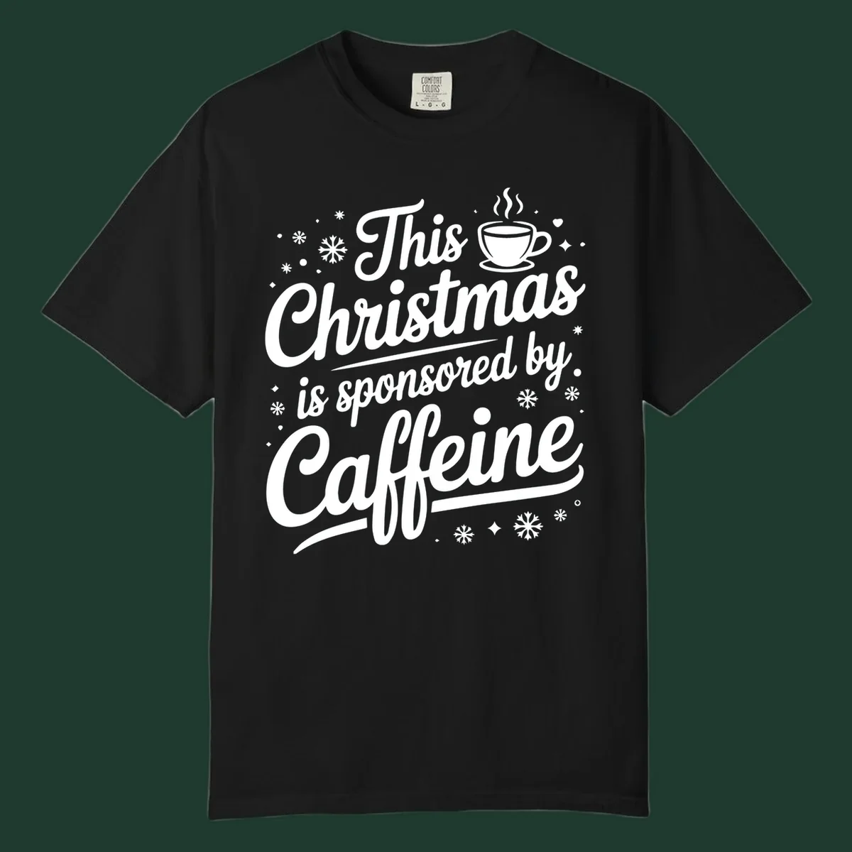 Christmas caffeine sponsored text design with coffee cup and snowflakes.