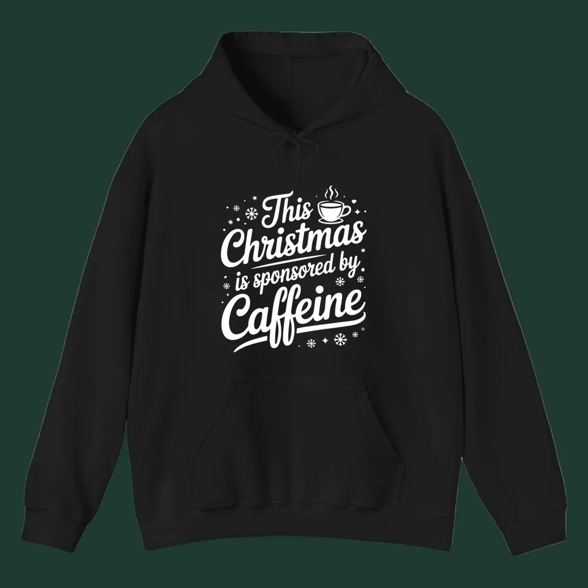 Christmas caffeine sponsored text design with coffee cup and snowflakes.