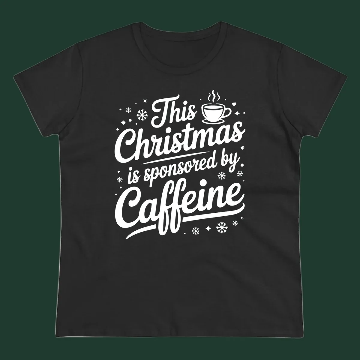 Christmas caffeine sponsored text design with coffee cup and snowflakes.
