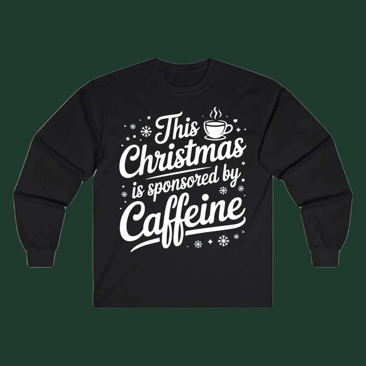 Christmas caffeine sponsored text design with coffee cup and snowflakes.