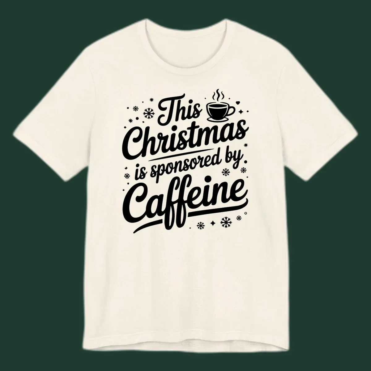 Christmas caffeine sponsored text design with coffee cup and snowflakes.