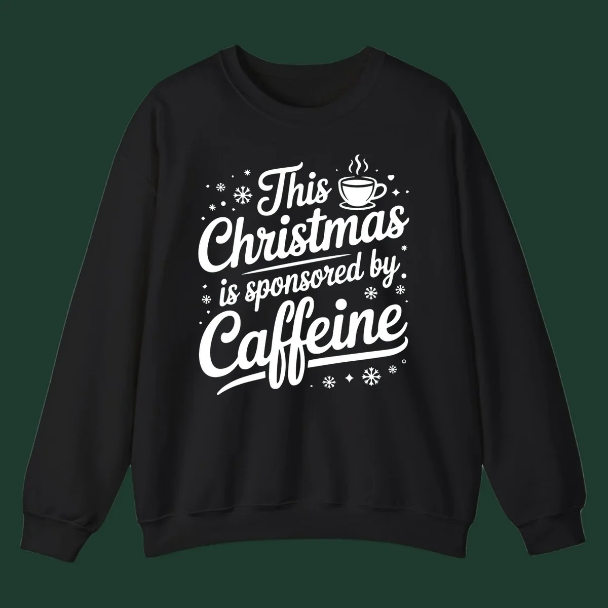 Christmas caffeine sponsored text design with coffee cup and snowflakes.