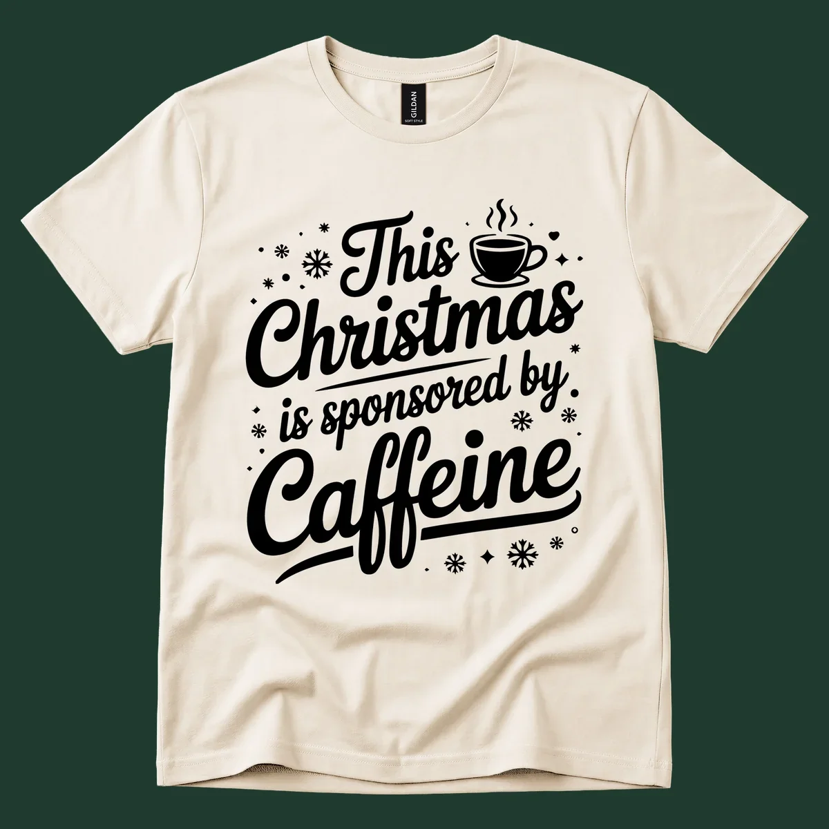Christmas caffeine sponsored text design with coffee cup and snowflakes.