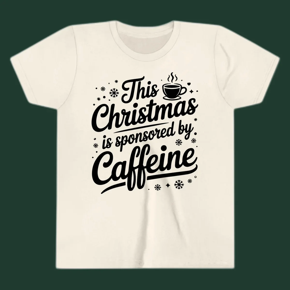 Christmas caffeine sponsored text design with coffee cup and snowflakes.