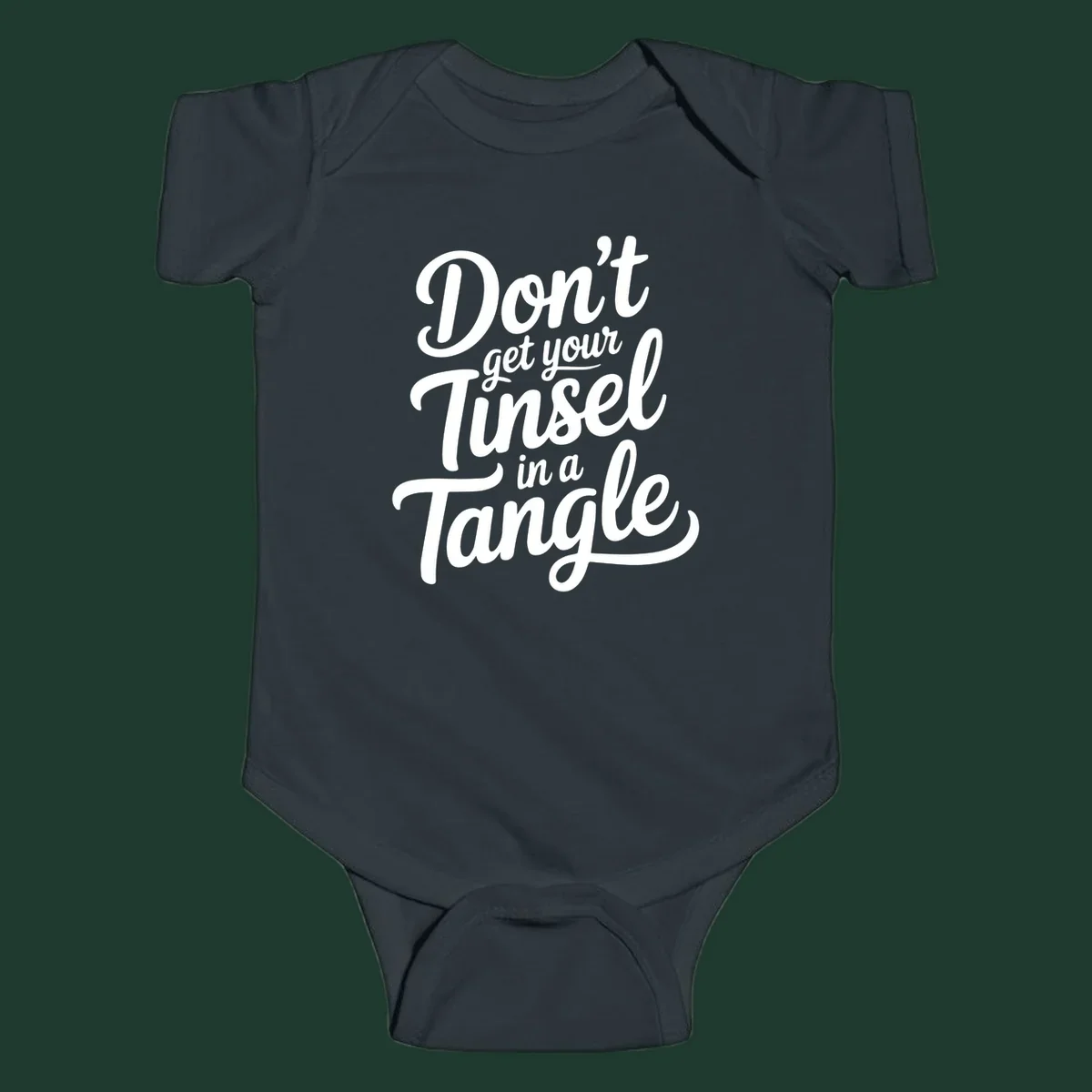 Don't Get Your Tinsel in a Tangle phrase in white script typography.