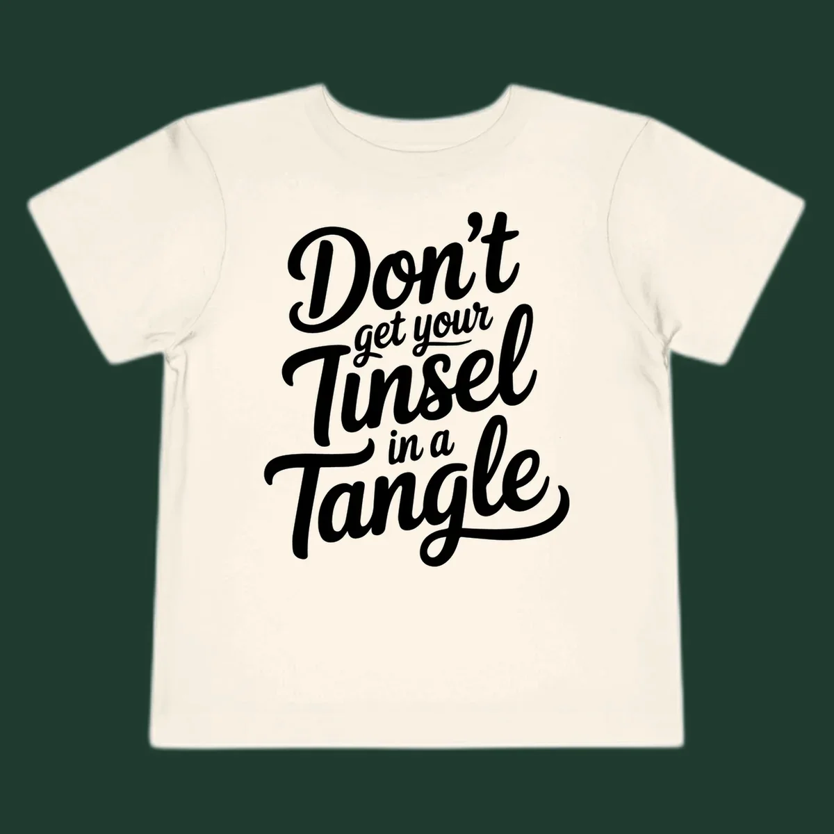 Don't Get Your Tinsel in a Tangle phrase in white script typography.
