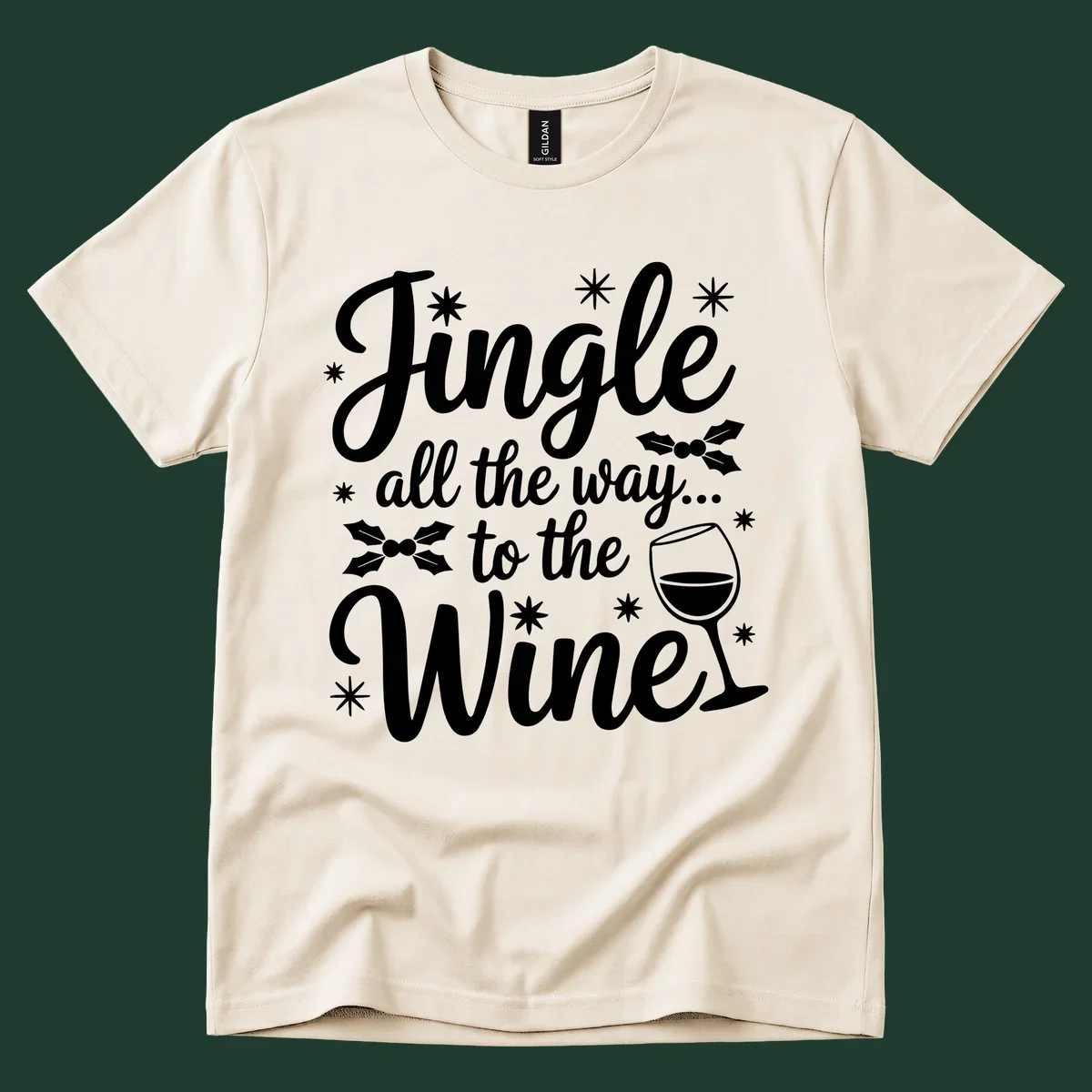 Jingle all the way to the Wines Christmas graphic with wine glass and holly.