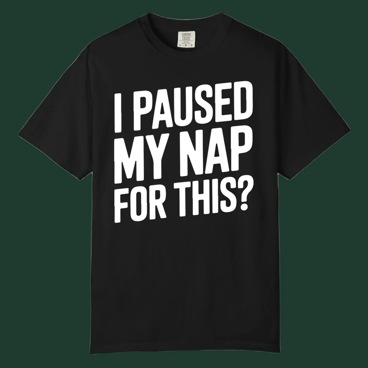 White typography quote 'I PAUSED MY NAP FOR THIS?' on a black background.