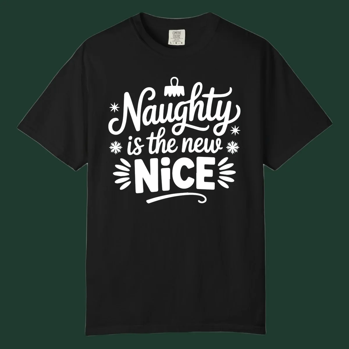 Naughty is the new nice christmas phrase with snowflakes and ornament.