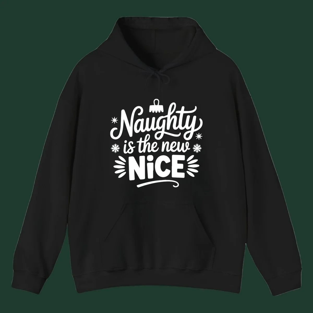 Naughty is the new nice christmas phrase with snowflakes and ornament.