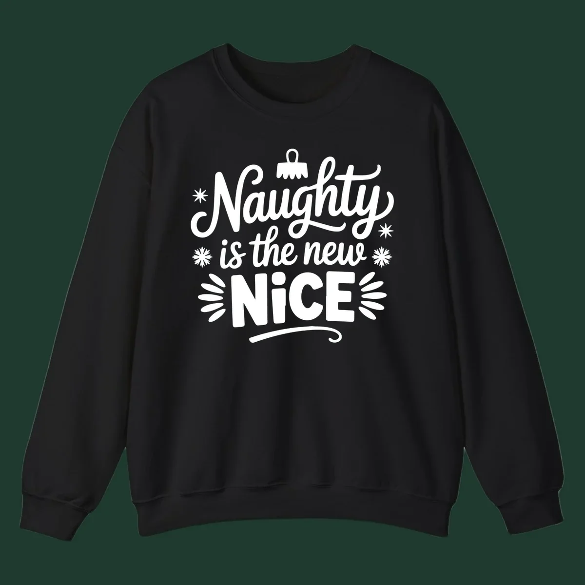 Naughty is the new nice christmas phrase with snowflakes and ornament.