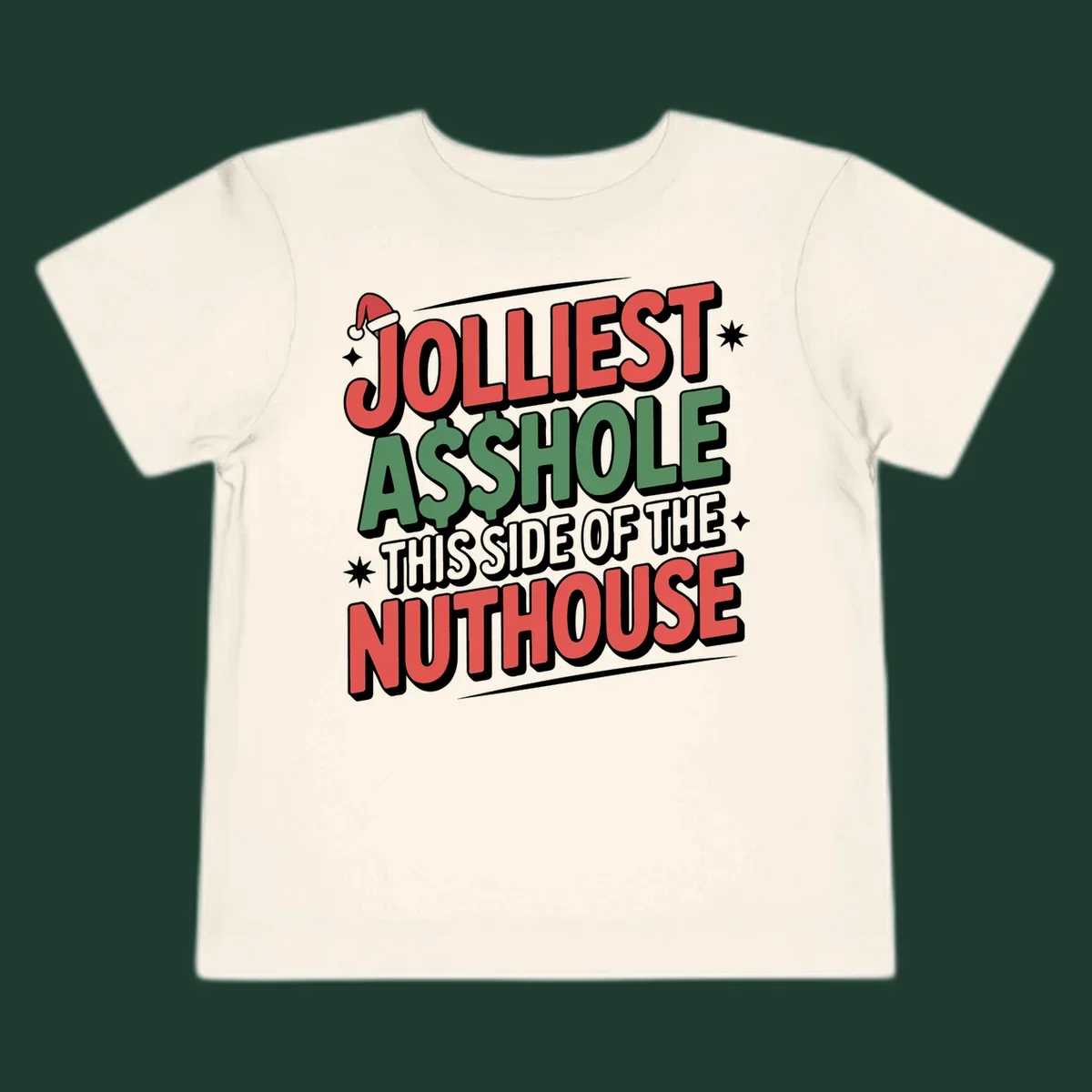 Nuthouse Christmas quote in bold retro typography with a Santa hat and stars.