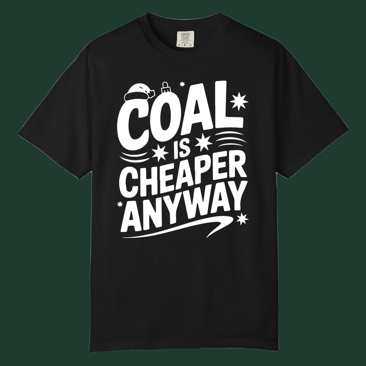 Coal is Cheaper Anyway text design with Santa hat and ornament.