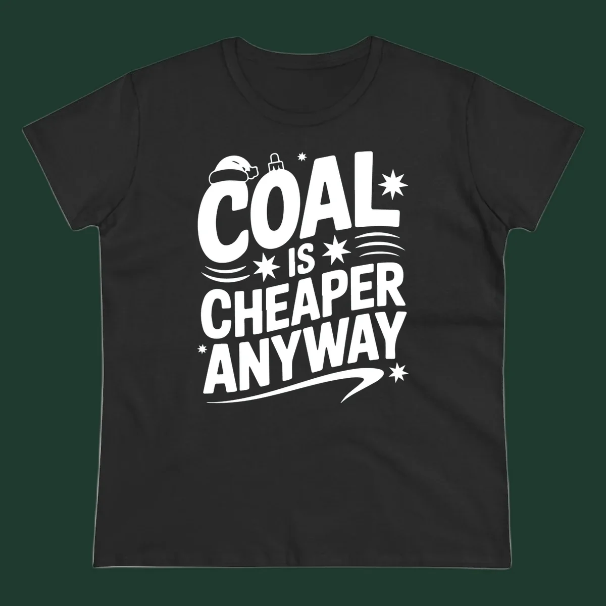 Coal is Cheaper Anyway text design with Santa hat and ornament.