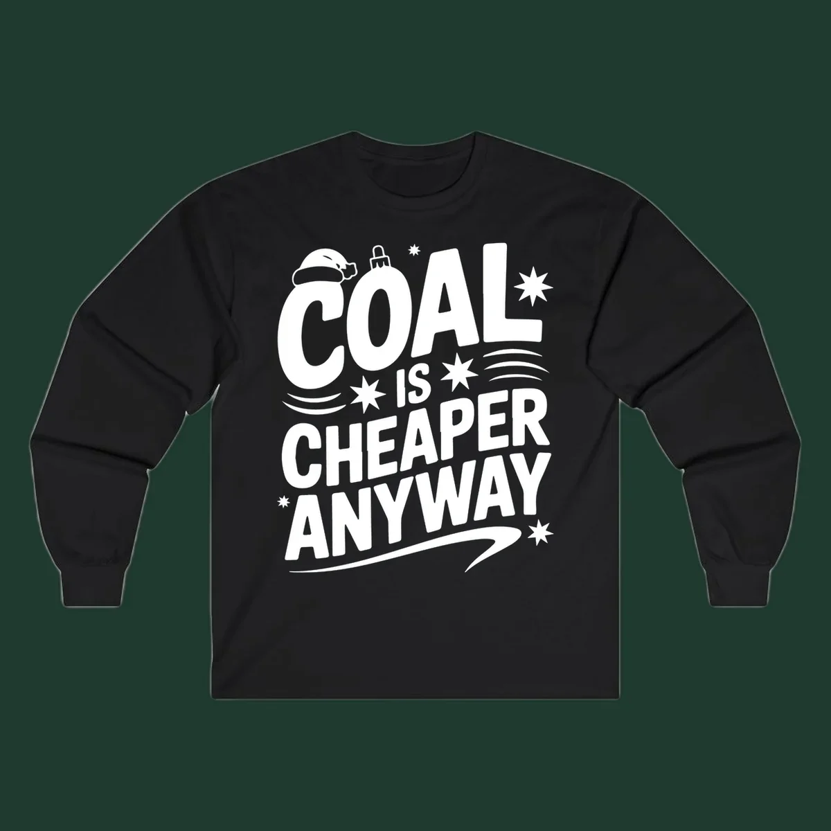 Coal is Cheaper Anyway text design with Santa hat and ornament.