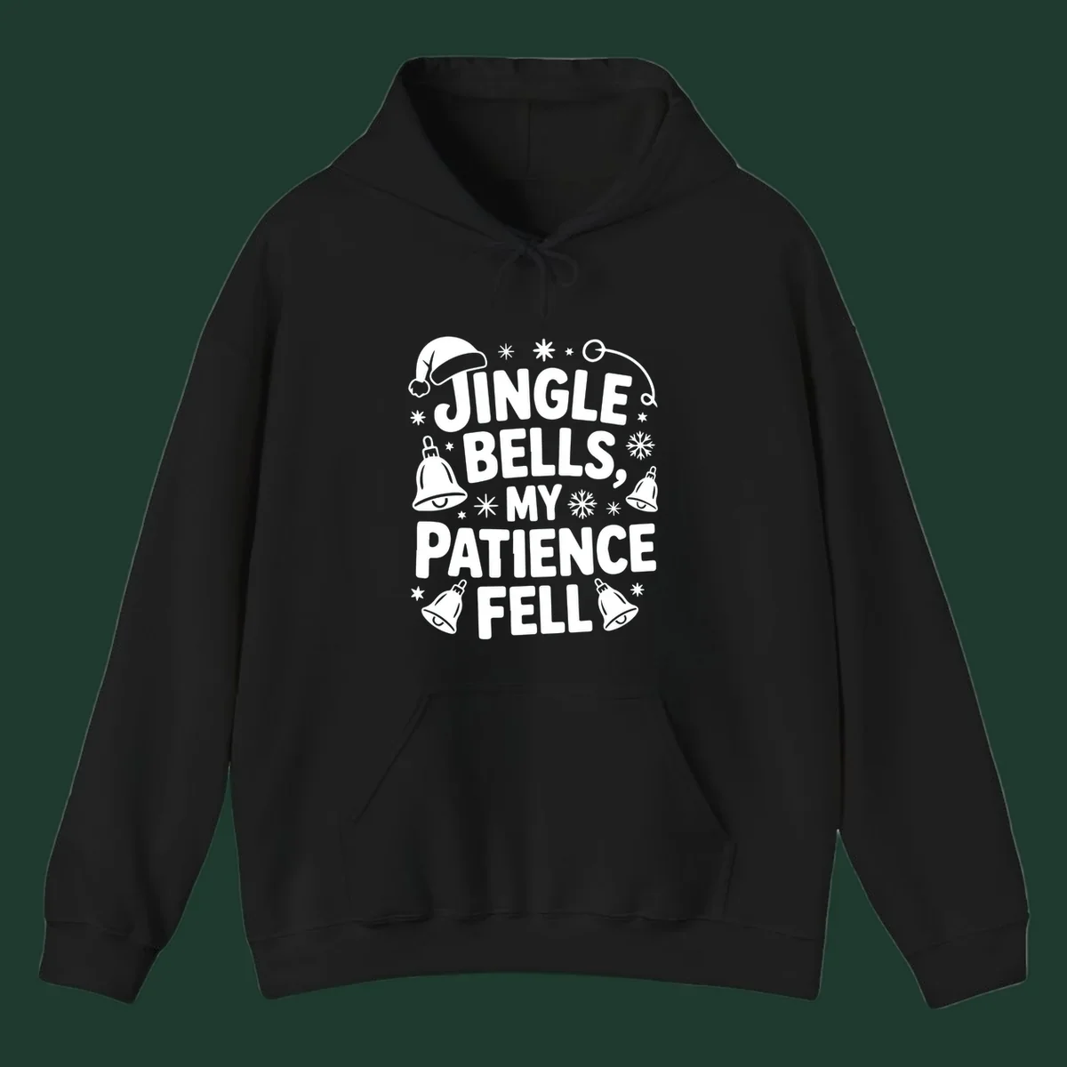White text quote 'JINGLE BELLS, MY PATIENCE FELL' with Christmas graphics, including a Santa hat and bells.