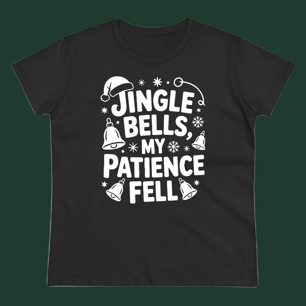White text quote 'JINGLE BELLS, MY PATIENCE FELL' with Christmas graphics, including a Santa hat and bells.