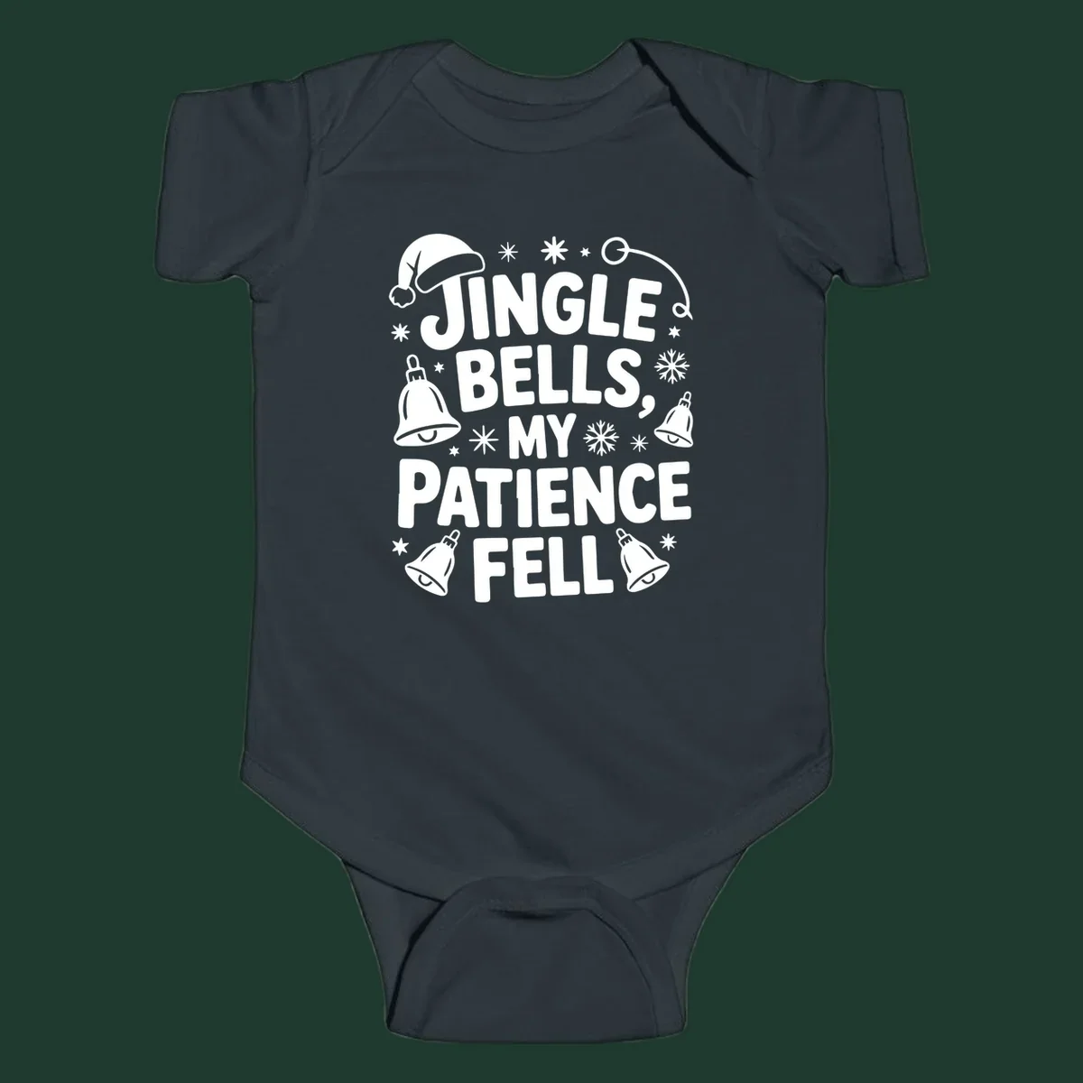 White text quote 'JINGLE BELLS, MY PATIENCE FELL' with Christmas graphics, including a Santa hat and bells.