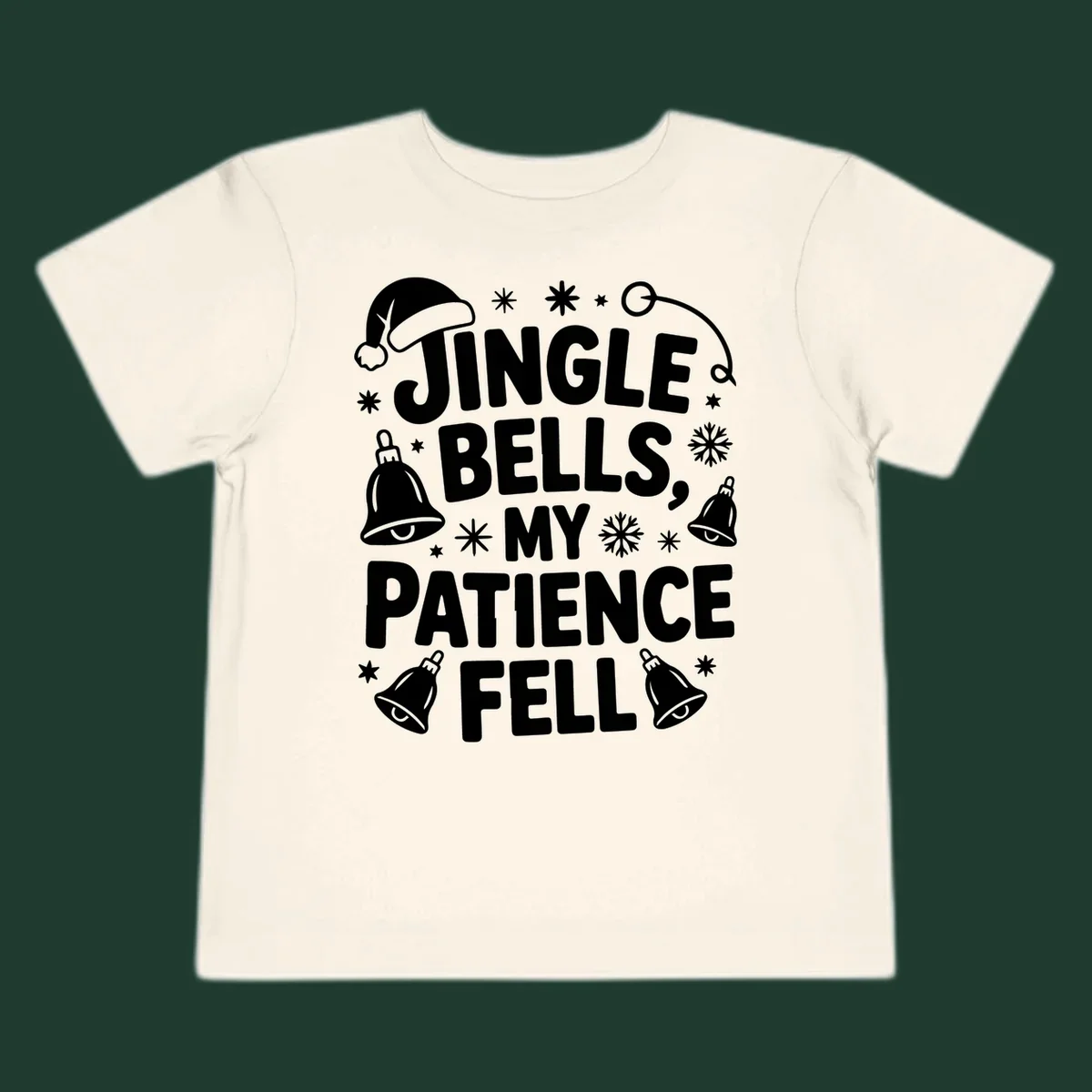 White text quote 'JINGLE BELLS, MY PATIENCE FELL' with Christmas graphics, including a Santa hat and bells.