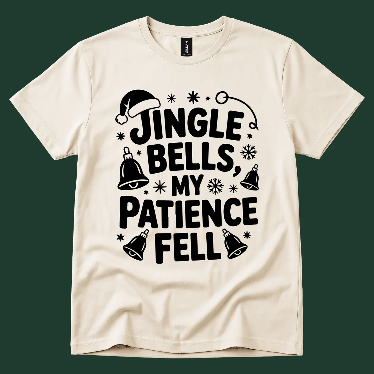 White text quote 'JINGLE BELLS, MY PATIENCE FELL' with Christmas graphics, including a Santa hat and bells.