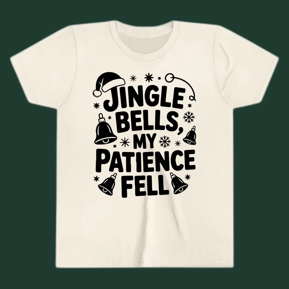 White text quote 'JINGLE BELLS, MY PATIENCE FELL' with Christmas graphics, including a Santa hat and bells.