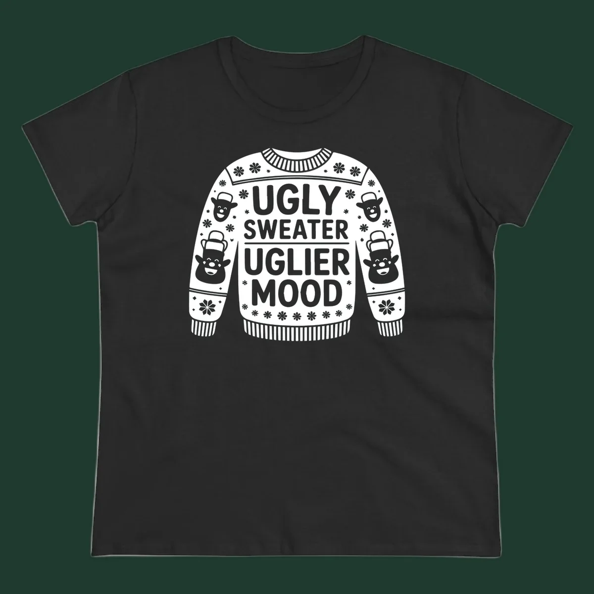 Ugly sweater uglier mood graphic with text and snowman illustrations.