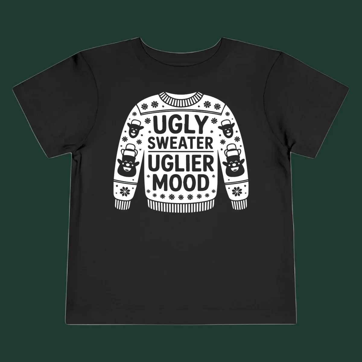 Ugly sweater uglier mood graphic with text and snowman illustrations.