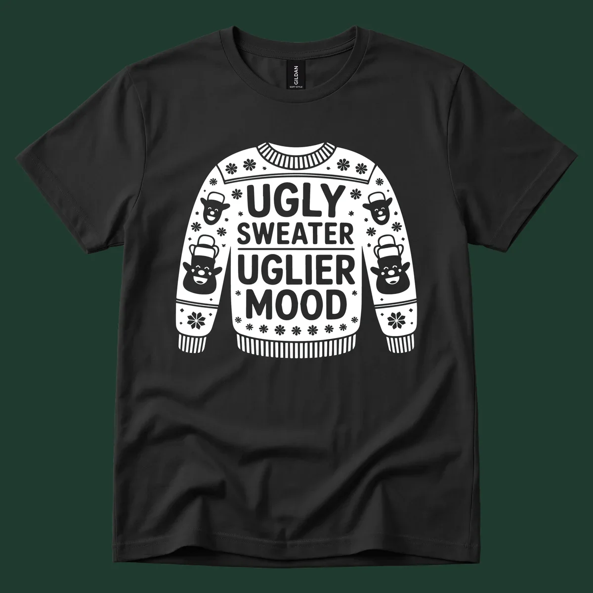 Ugly sweater uglier mood graphic with text and snowman illustrations.