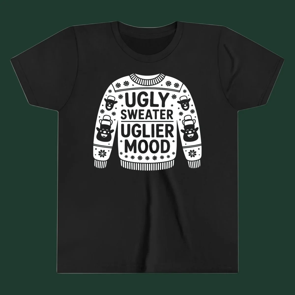 Ugly sweater uglier mood graphic with text and snowman illustrations.