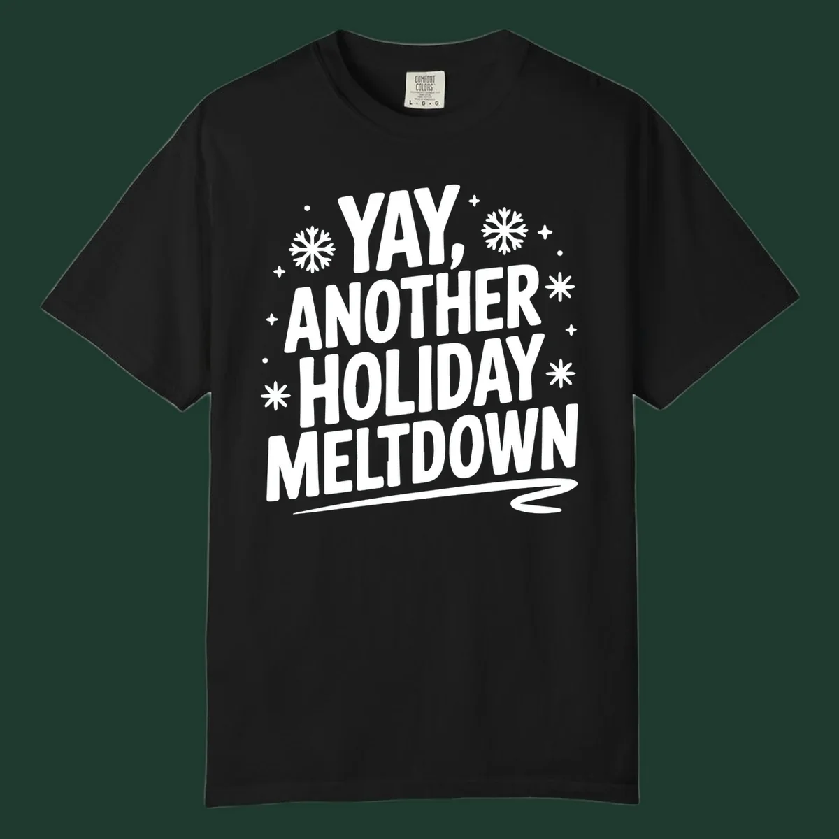 Yay Another Holiday Meltdown typography with snowflakes graphic.